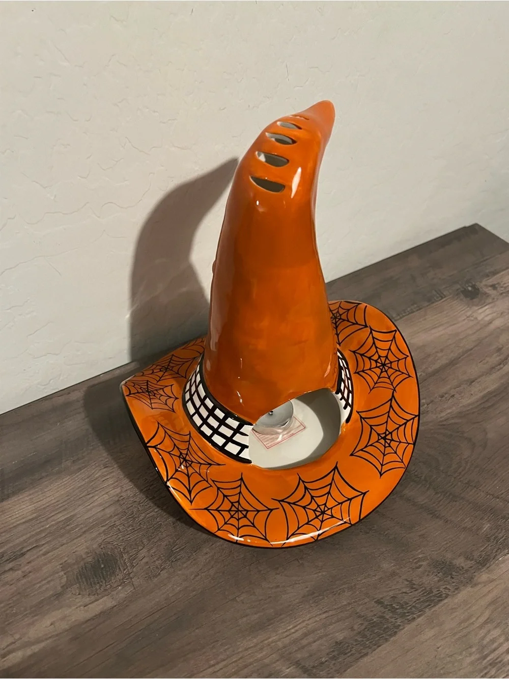 Blue Sky October 31 Orange Spider Web Witch Hat Ceramic Halloween Candle Holder